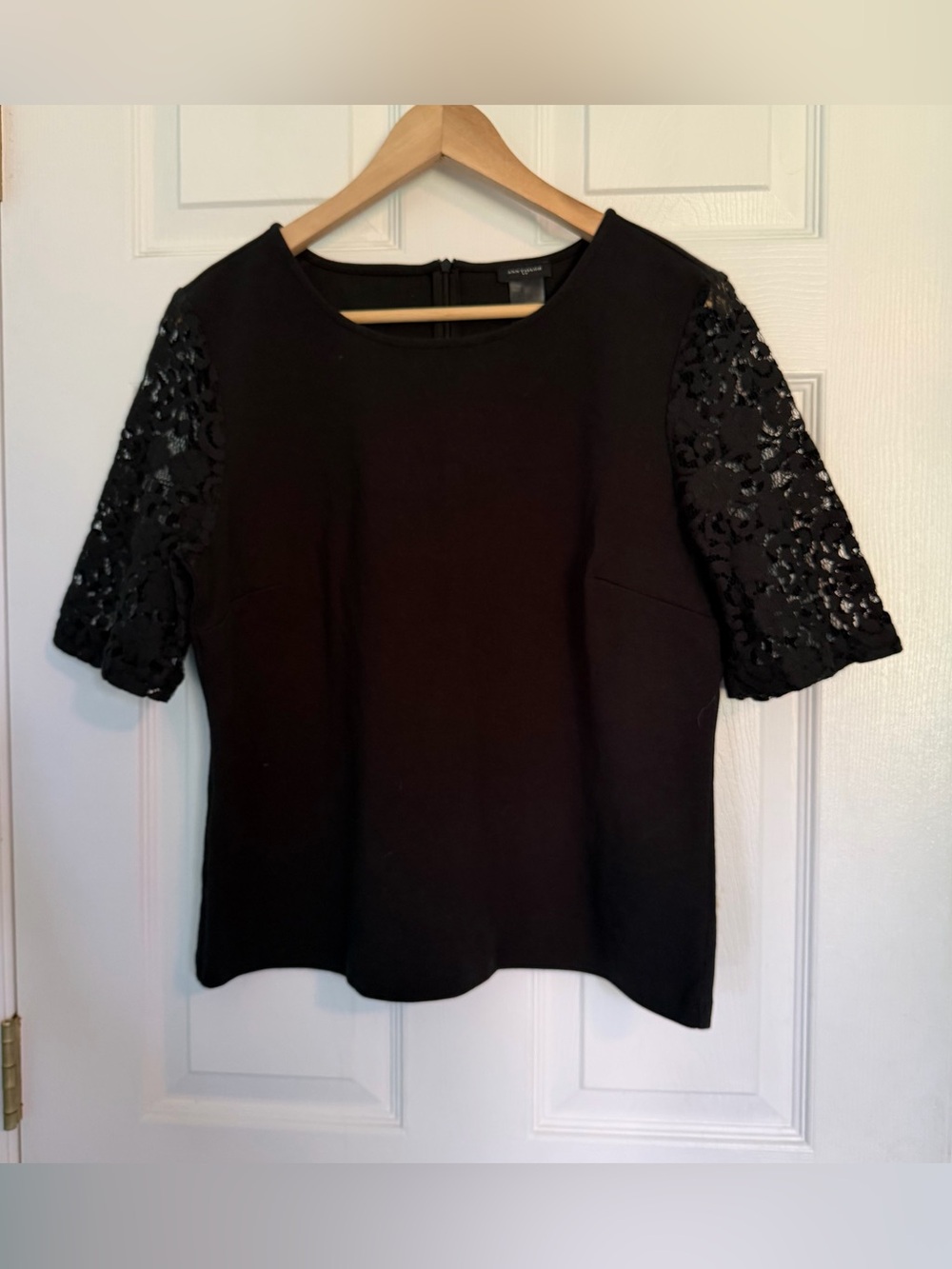Ann Taylor Black Top with Lace Appliqué Short Sleeves